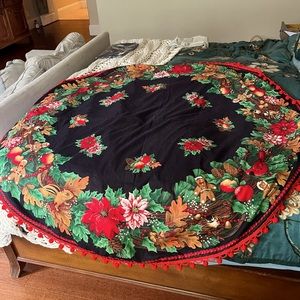 Sweet vintage kitchy black floral tablecloth with Pom Pom trim new